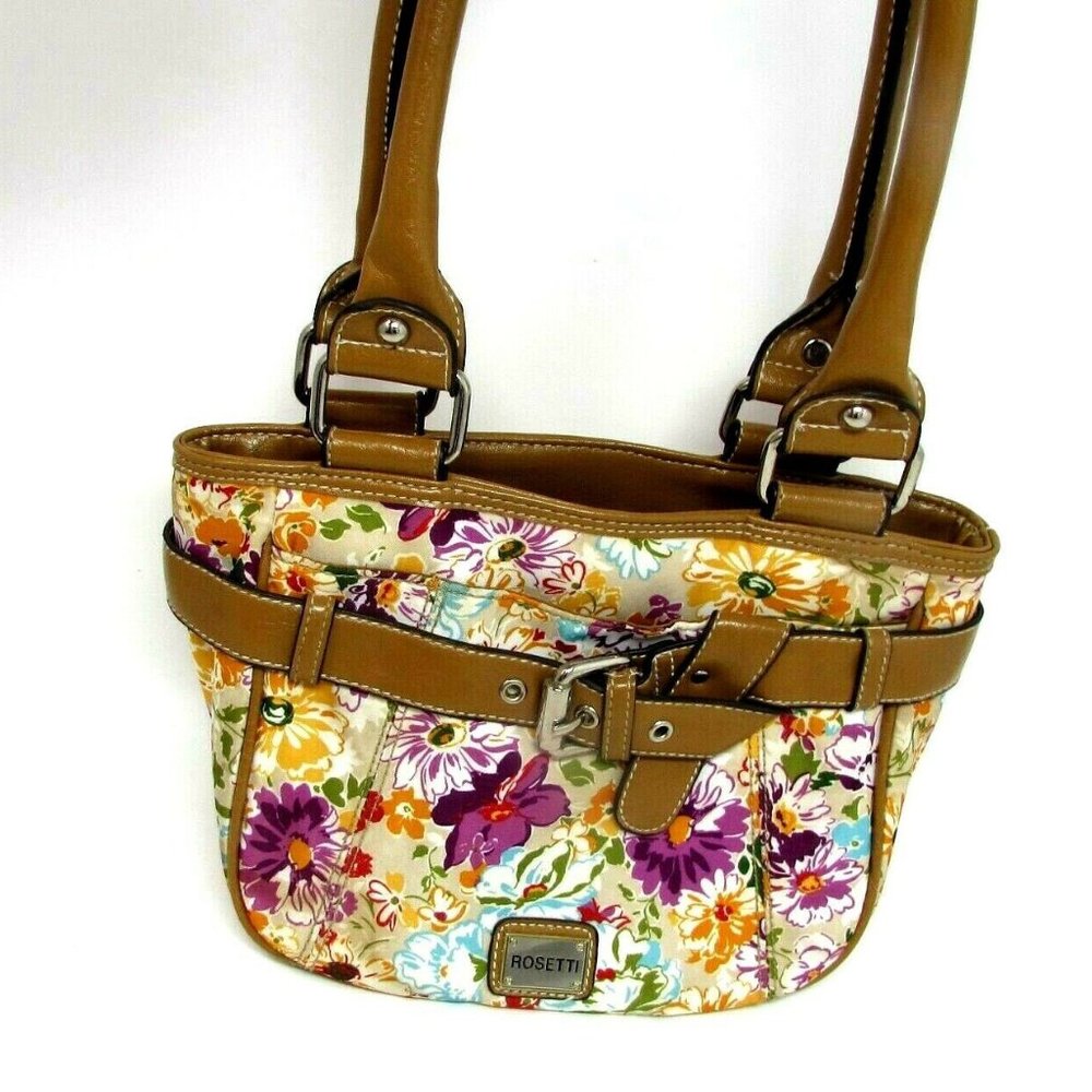 ROSETTI HANDBAG 9" X 7" X 4 1/2" - MULTICLOR FLORAL - TAN FAUX LEATHER TRIM!